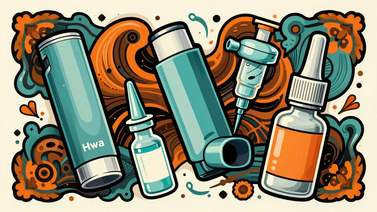 Stylized drawing of inhalers and nebulizer vials in Wes Wilson art style