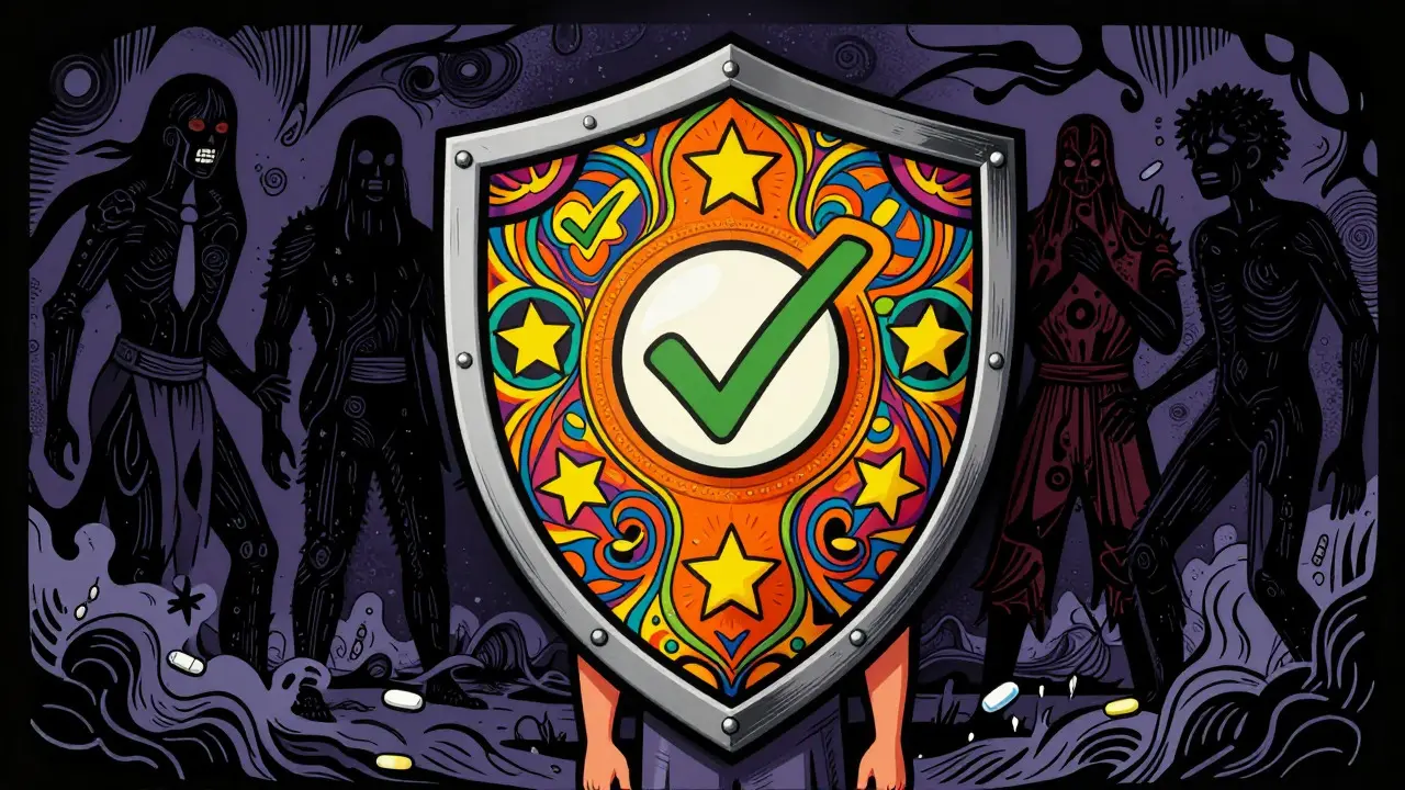 Stylized shield protecting from fake drugs in retro art