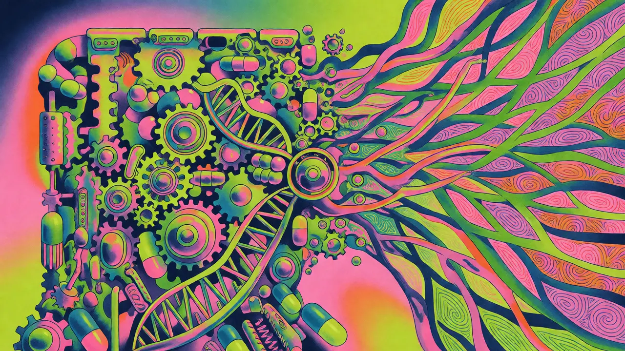 Surreal psychedelic depiction of pharmaceutical machinery transforming into organic DNA structures.