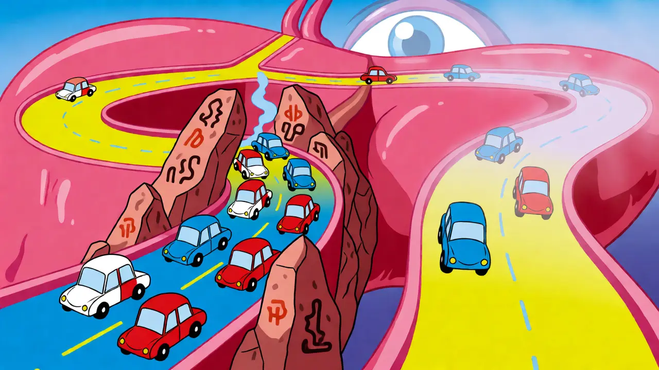 Metaphorical highway scene depicting drug metabolism bottlenecks and speeds